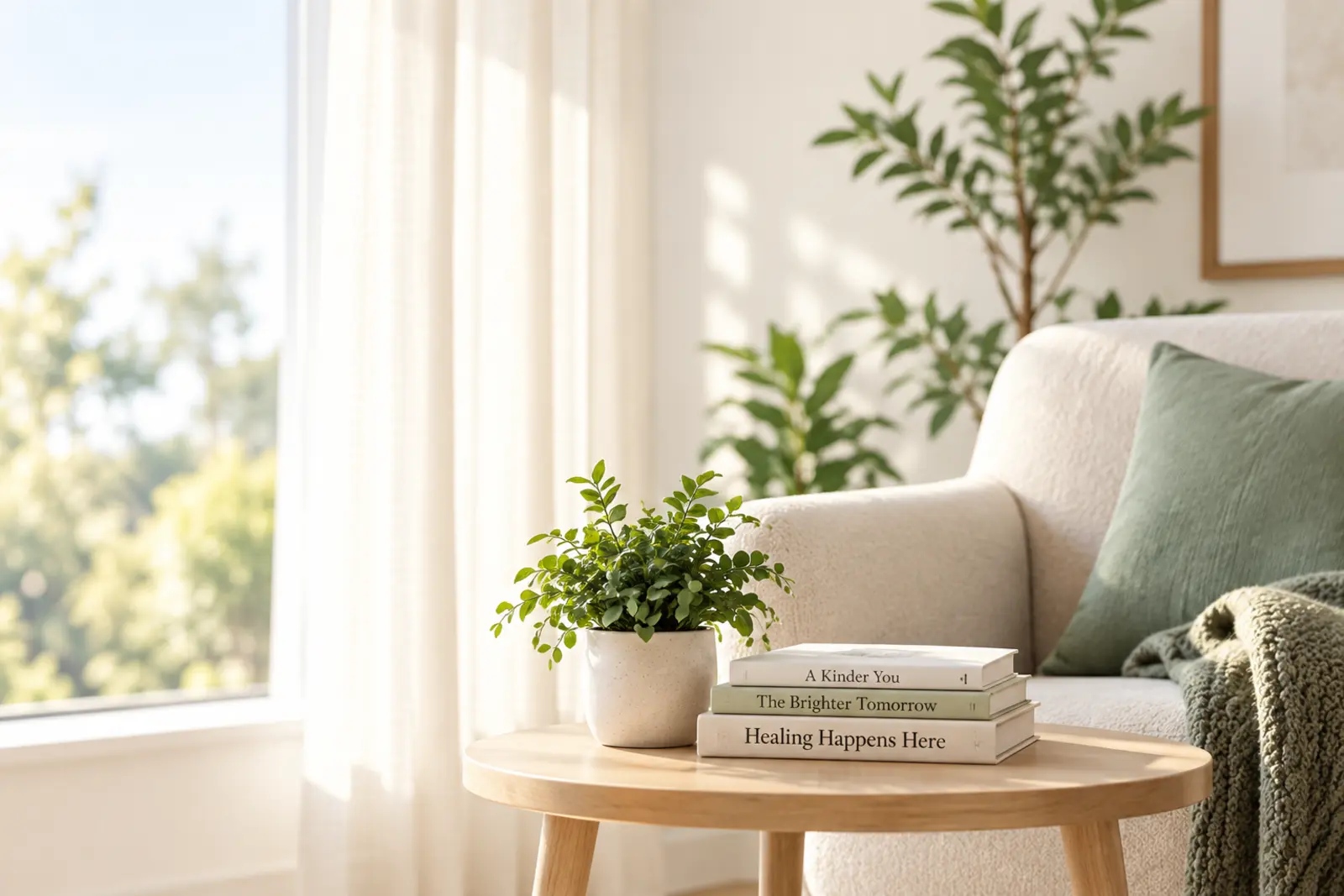 A bright, calming space at Healing Therapy Center with a comfortable chair, plants, and warm natural light